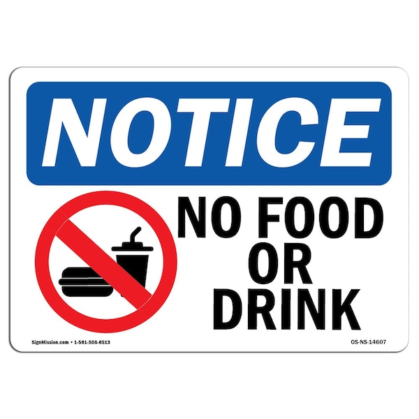 Safety Sign, OSHA Notice, 3.5" Height, No Food Or Drink Sign With Symbol, Landscape, 10PK